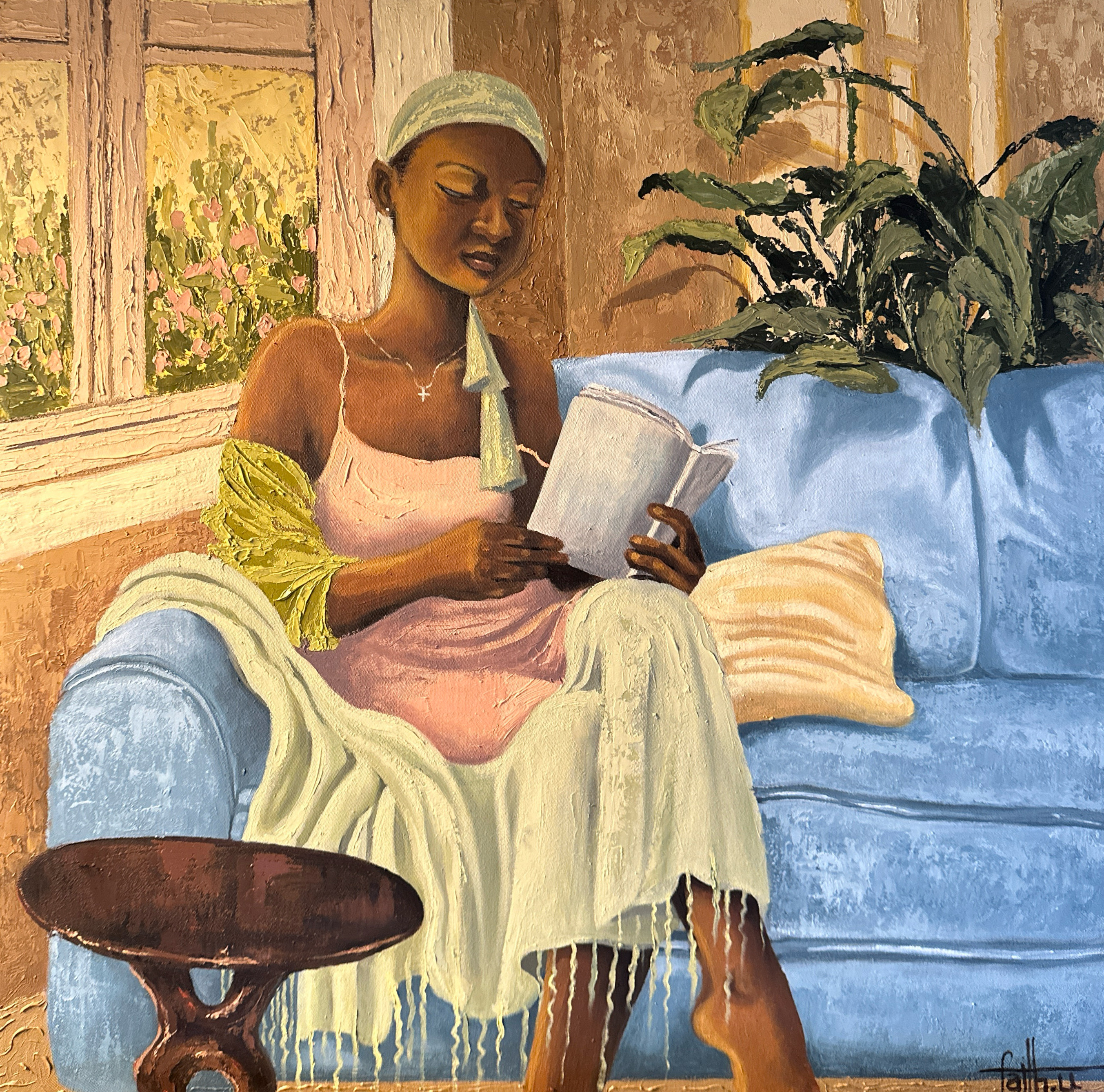 Pages on a blue sofa 